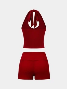 Conjunto feminino casual esportivo de 2 peças, composto por regata e shorts, com listras coloridas. - Borgonha - Ver 10