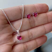 Necklace With Pendant And Earring For Women, Point Of Light, 925 Silver, Colorful Zirconia Stones, Water Green, Lilac, Red, Pink For Gift - Đỏ - Xem 2