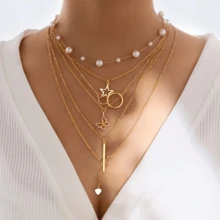 11 piezas Elegante Set de collares vintage de perlas falsas, corazones, rhinestones, mariposas geométricas con rayas verticales y cadena de serpiente de metal multicapa, adecuado para vacaciones, fiestas, citas, regalos y uso diario (sin caja) - Dorado - Ver 4