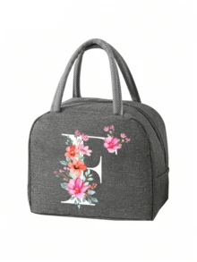 2 件 - 字母印花图案保温袋和餐具收纳袋、保温午餐袋 - 粉色花朵和白色字母图案、手提包、午餐盒、冰袋、野餐食品手提包、帆布轻便便携式午餐收纳袋