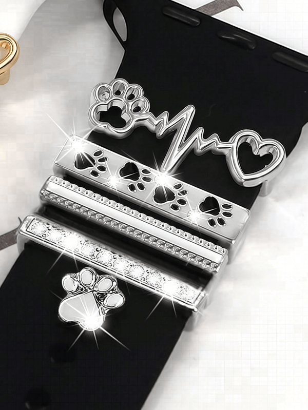 5pcs Metal Charms Decorative Ring Compatible With Apple Watch Band Animal Paw Diamond Rhinestone Ornament Smart Watch Silicone Strap Accessories Bracelet Fashionable Accessories (Watch And Band Not Included) Compatible With Apple Watch Band 38mm 40mm 41mm 42mm 44mm 45mm 46mm 49mm, Compatible With Apple Watch Series Ultra/Se/10/9/8/7/6/5/4/3/2/1 Watch Band Accessories Jewellery