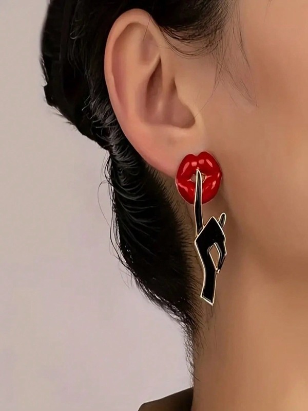 Brincos de pino com design criativo exclusivo de lábios vermelhos, joias de liga, estilo elegante e sexy para mulheres