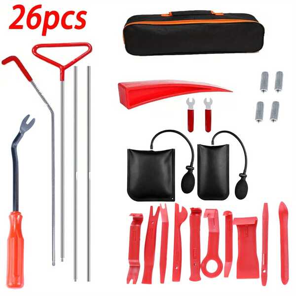 17/26pcs Car Manual Maintenance Tools, Including Hooks, Wedges, Airbags, Etc., Suitable For Car And Truck Manual Disassembly And Assembly Tool Set (Red)