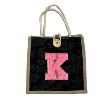 1 件毛巾刺绣首字母图案手提包，花卉印花亚麻手提包，小号花卉亚麻纽扣装饰手提包，简约大容量手提包，便携休闲收纳手提包，多功能购物袋，新设计，大容量，购物的理想选择，单肩包，手提包，午餐包，午餐盒，斜挎包