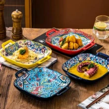 Bohemian Modern Ceramic Plates, 4 Counts/Set Square Plate With Handle, Salad Plate For Home Kitchen Dining Room, Serving Dinnerware, Dinnerware Sets, Dishwasher Safe Tableware, Modern Ceramic Dinnerware, Multicolor Kitchenware, Utensil - 彩色 - 查看 2