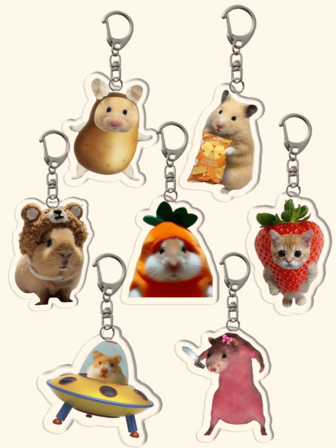 1个新款亚克力仓鼠钥匙扣：可爱有趣的草莓猫、土豆仓鼠、薯片仓鼠、胡萝卜仓鼠、UFO仓鼠、熊和持刀仓鼠图案。可作包包配件、书包配件、钱包挂饰。日常包包配件、挂饰、挂绳、钥匙扣。非常适合送给男朋友、女朋友、家人、医生、护士、派对礼物、手机装饰等等。带证件夹的挂绳，汽车配件，圣诞礼物，送给老师、姐妹的礼物创意。