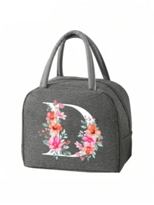 2 件 - 字母印花图案保温袋和餐具收纳袋、保温午餐袋 - 粉色花朵和白色字母图案、手提包、午餐盒、冰袋、野餐食品手提包、帆布轻便便携式午餐收纳袋