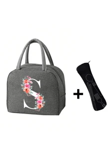 2 件 - 字母印花图案保温袋和餐具收纳袋、保温午餐袋 - 粉色花朵和白色字母图案、手提包、午餐盒、冰袋、野餐食品手提包、帆布轻便便携式午餐收纳袋