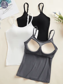 3PCS Pure Color Women's Spaghetti Strap Vest, No Steel Underwire, Double-Layer Design, Built-In Fixed Cup Insert, Adjustable Shoulder Straps, Soft And Delicate Fabric, Comfortable, Suitable For Indoor And Outdoor Use. Can Be Paired With Women's Undergarments As A Base Layer Vest.