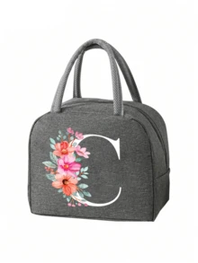 2 件 - 字母印花图案保温袋和餐具收纳袋、保温午餐袋 - 粉色花朵和白色字母图案、手提包、午餐盒、冰袋、野餐食品手提包、帆布轻便便携式午餐收纳袋