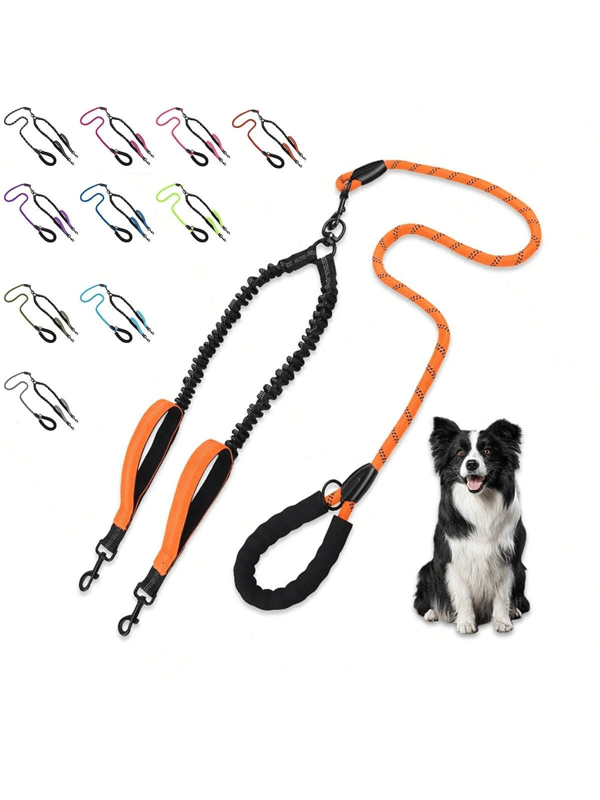 1pc Dual-Ended Elastic Dog Leash With 2 Extra Handles, 360° -Free Swivel, Shock Absorbing Dual Dog Leash To Prevent Dogs From Running Wild, Escaping Or Colliding - Multicolor - View 1