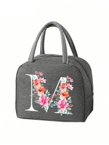 2 件 - 字母印花图案保温袋和餐具收纳袋、保温午餐袋 - 粉色花朵和白色字母图案、手提包、午餐盒、冰袋、野餐食品手提包、帆布轻便便携式午餐收纳袋