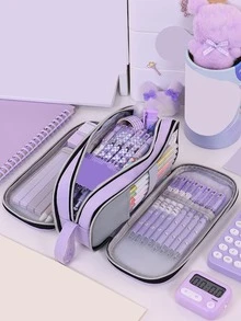 1个全新大容量多层铅笔盒，大容量布艺桌面铅笔盒 - 透明多隔层收纳盒，可存放计算器、笔记本和钢笔 - 适合学校、办公室和旅行 - 学生、专业人士、男女通用，学校文具收纳盒，多功能收纳，拉链封口，铅笔盒袋，用于存放学习用品，返校季必备 - 彩色 - 查看 4