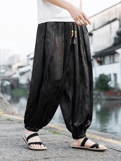 Men's Vintage Dobby Lantern Pants, Satin-Like Soft Wide Leg Casual Sweatpants, Chinese Style Drawstring Waist Taichi Kung Fu Trousers, Vacation Beach Yoga Pants, Spring/Autumn, Fall