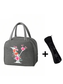 2 件 - 字母印花图案保温袋和餐具收纳袋、保温午餐袋 - 粉色花朵和白色字母图案、手提包、午餐盒、冰袋、野餐食品手提包、帆布轻便便携式午餐收纳袋