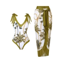 Women's Plants Print One-Piece Swimsuit & Sheer Cover Up Skirt Outfits Set, Casual Fashion Swimwear Set For Beach Holiday Vacation, Ladies Swimsuit For All Seasons, Clothes For Women, Beach Cover Ups, Swimwear Coverups, Summer Swimming Cover - Green - View 1