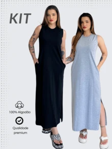 Kit Of 2 Women's Long Dresses With Pocket Basic Elegant Casual Premium Cotton - Xám/Đen - Xem 1