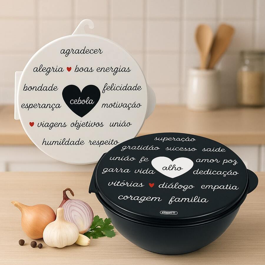 Kit 2 Potes Porta Tempero Alho Cebola Frases Plasutil - Preto e Branco - Visão 1