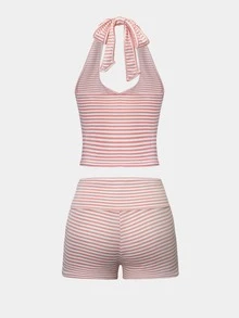 两件套女士运动休闲吊带背心和短裤彩色条纹套装 - 粉紅白條紋 - 查看 10