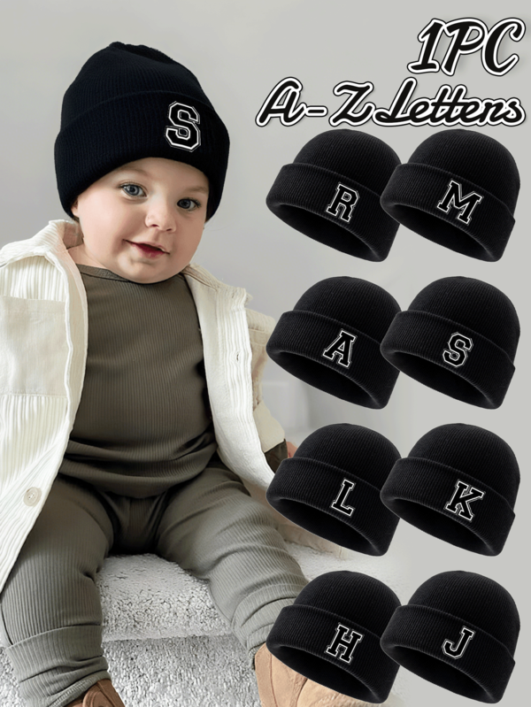1 peça de gorro preto com estampa de letras para bebês, moda minimalista, macio e confortável, adequado para bebês de 1 a 3 anos, meninos e meninas, uso diário