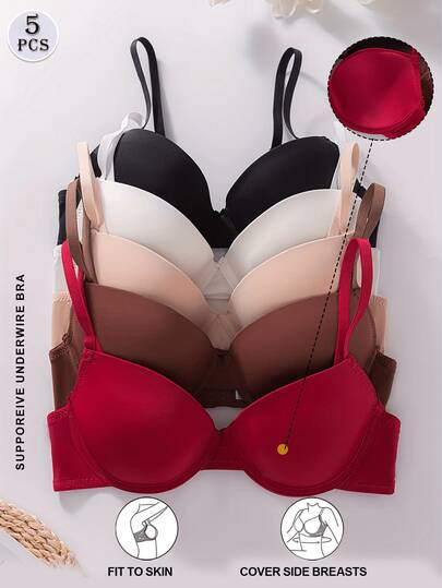 5 pièces Soutiens-gorge à armatures et push-up de couleur unie pour femmes