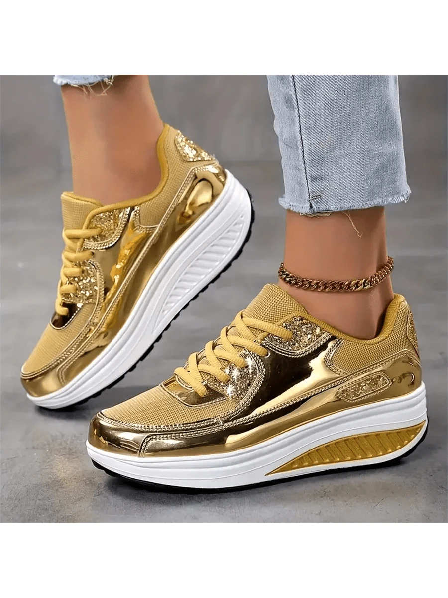 Women's Thick Sole Casual Sneakers, Glitter Breathable Platform Shoes, Summer Shoes, Elevator Shoes - Gold - 金色 - 查看 1