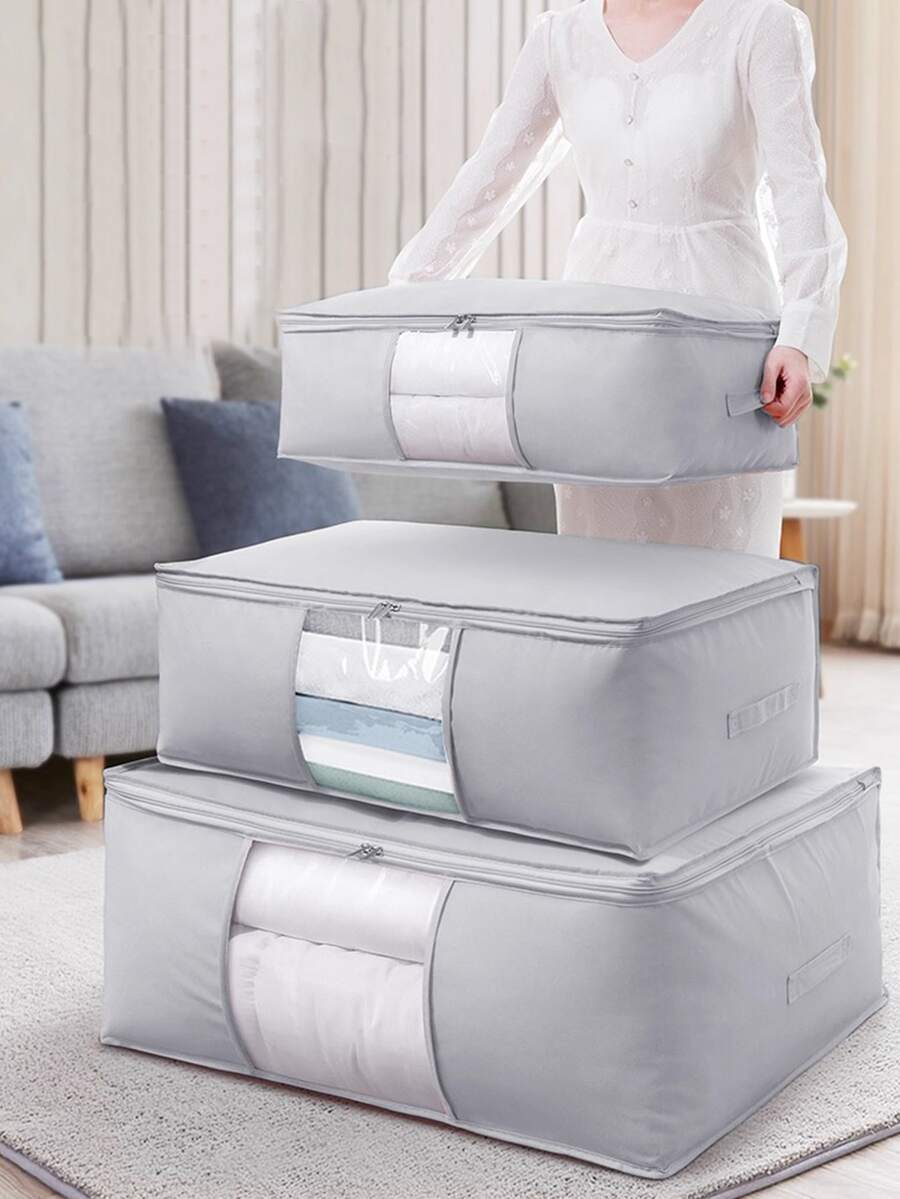 1/2/4pcs Foldable Thick Fabric Storage Bag With Handle, For Storing Clothes, Blankets, Bedroom & Wardrobe Organization, Grey - Multicolor - View 1