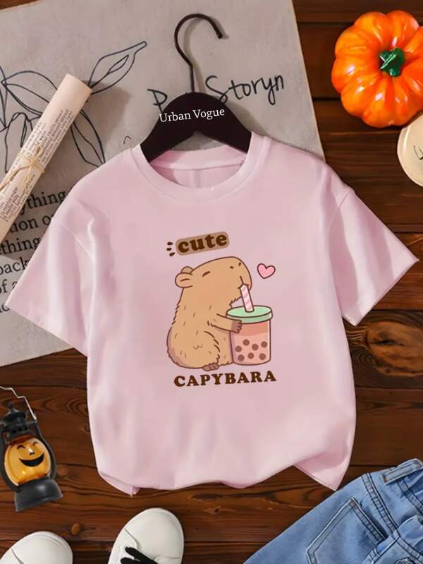 Blusinha Camiseta Básica Menina Capivara CUTE blusa de Manga Curta com Estampa  para Meninas, Estilo Casual e Fashion