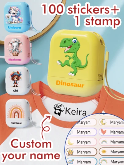 1 sello + 100 pegatinas Sello personalizado con nombre, sello de nombre para ropa de niños resistente al agua, sello de dibujos animados personalizado, sello de firma con patrón de dibujos animados, sellos personalizables para niños, regalos de papelería personalizados para estudiantes, regalos de cumpleaños, lindo, útiles escolares, escuela, hombres, mujeres, mochila escolar, niños, niñas, maestro, hijo