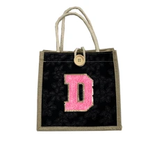 1 件毛巾刺绣首字母图案手提包，花卉印花亚麻手提包，小号花卉亚麻纽扣装饰手提包，简约大容量手提包，便携休闲收纳手提包，多功能购物袋，新设计，大容量，购物的理想选择，单肩包，手提包，午餐包，午餐盒，斜挎包