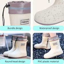 Botas de lluvia para mujer, impermeables, de goma, hasta media pantorrilla, con cordón ajustable, antideslizantes y suaves. - Blanco - Ver 2