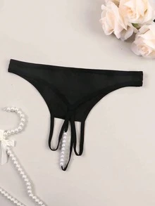 Women's Sexy Thong Panties With Printed Pattern, Pearl Decor, Crotchless Design, Intimate Underwear - Black - View 4