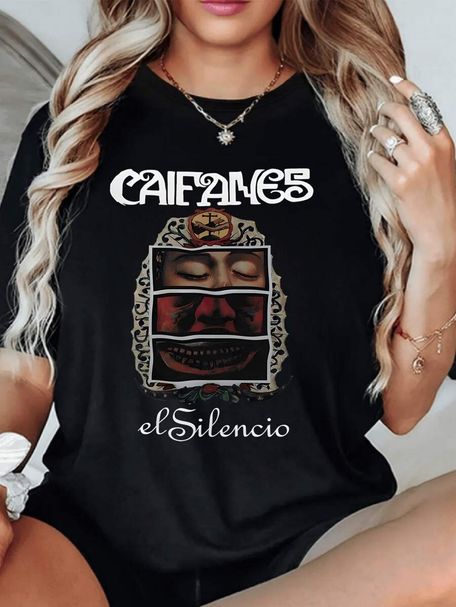 Caifanes El Silencio Camiseta Mujer 1 unidad de 220 gramos Estilo Vintage Camisa de Mujer Casual con Cuello Redondo y Dise?o Estampado Camisa de T 100% algodón con estampado digital - Negro - Ver 1