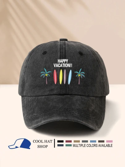 假期愉快！！冲浪板和椰子树印花水洗遮阳帽，男女通用，四季皆宜，防晒，轻便，便携，时尚休闲百搭