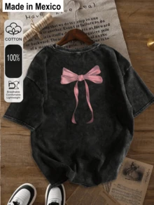 1 Pieza Camiseta de Mujer con Estampado, Estilo Realista de Moda, Camiseta Negra con Detalle de Lazo Rosa en la Espalda, 1 PC Camiseta de Cuello Redondo para Mujeres, 180g 100% Algodón Puro, Fresca y Cómoda para la Vida Casual, Deporte, Gimnasio, Viaje, Regalo, Vacaciones de Verano, Día de la Independencia de México - Negro - Ver 1