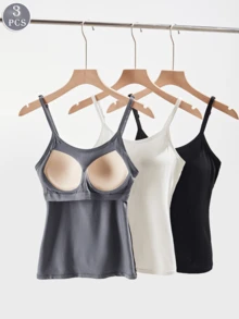 3PCS Pure Color Women's Spaghetti Strap Vest, No Steel Underwire, Double-Layer Design, Built-In Fixed Cup Insert, Adjustable Shoulder Straps, Soft And Delicate Fabric, Comfortable, Suitable For Indoor And Outdoor Use. Can Be Paired With Women's Undergarments As A Base Layer Vest.
