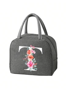 2 件 - 字母印花图案保温袋和餐具收纳袋、保温午餐袋 - 粉色花朵和白色字母图案、手提包、午餐盒、冰袋、野餐食品手提包、帆布轻便便携式午餐收纳袋