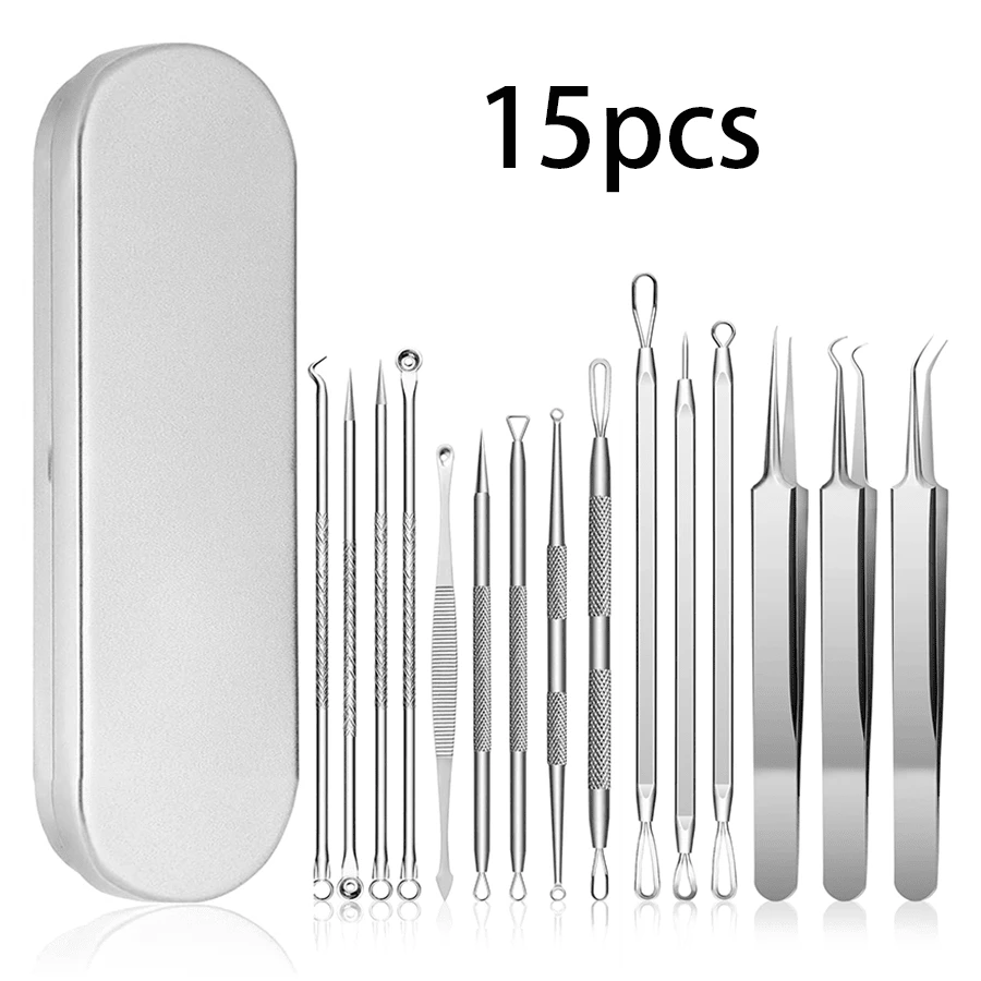 15-Piece Acne Blackhead Removal Kit (With Storage Box), Professional Stainless Steel Cleaner, Blackhead Pore Cleaner, Nose And Face Acne Removal Tool Set, Comprehensive Solution To Blackhead Problems, Face Cleaning Tools - 彩色 - 查看 1