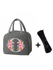 2 件 - 字母印花图案保温袋和餐具收纳袋、保温午餐袋 - 粉色花朵和白色字母图案、手提包、午餐盒、冰袋、野餐食品手提包、帆布轻便便携式午餐收纳袋