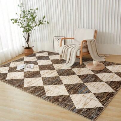1PC Brown And White Diamond Patchwork Living Room Area Rug Comfortable And Soft Surface 100% Polyester Waterproof And Stain-Resistant Silicone Back For Non-Slip And Non-Shifting Suitable For Living Room Large Size Bedroom Home Decoration Household Items Door Outdoor Rug Mat Multiple Sizes Available Machine Washable And Easy To Care For Pet And Child Friendly