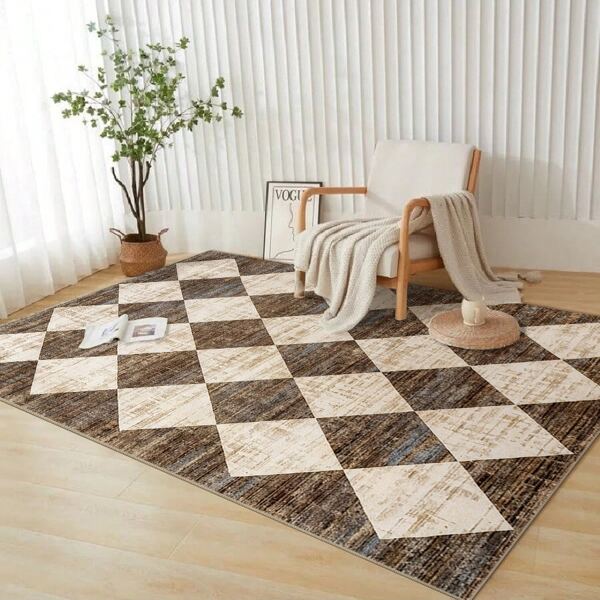 1 PIEZA Alfombra de área para sala de estar con parches de diamantes marrón y blanco, superficie cómoda y suave 100% poliéster, impermeable y resistente a las manchas, con respaldo de silicona antideslizante y no deslizante, adecuada para sala de estar, dormitorio grande, decoración del hogar, artículos del hogar, alfombra de puerta exterior, disponible en varios tamaños, lavable a máquina y fácil de cuidar, apta para mascotas y niños