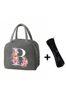 2 件 - 字母印花图案保温袋和餐具收纳袋、保温午餐袋 - 粉色花朵和白色字母图案、手提包、午餐盒、冰袋、野餐食品手提包、帆布轻便便携式午餐收纳袋