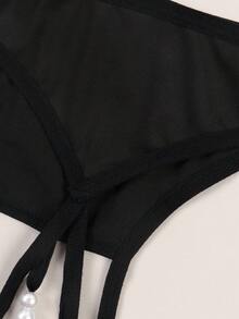 Women's Sexy Thong Panties With Printed Pattern, Pearl Decor, Crotchless Design, Intimate Underwear - Black - View 3