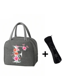 2 件 - 字母印花图案保温袋和餐具收纳袋、保温午餐袋 - 粉色花朵和白色字母图案、手提包、午餐盒、冰袋、野餐食品手提包、帆布轻便便携式午餐收纳袋