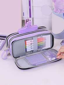 1个全新大容量多层铅笔盒，大容量布艺桌面铅笔盒 - 透明多隔层收纳盒，可存放计算器、笔记本和钢笔 - 适合学校、办公室和旅行 - 学生、专业人士、男女通用，学校文具收纳盒，多功能收纳，拉链封口，铅笔盒袋，用于存放学习用品，返校季必备 - 彩色 - 查看 5