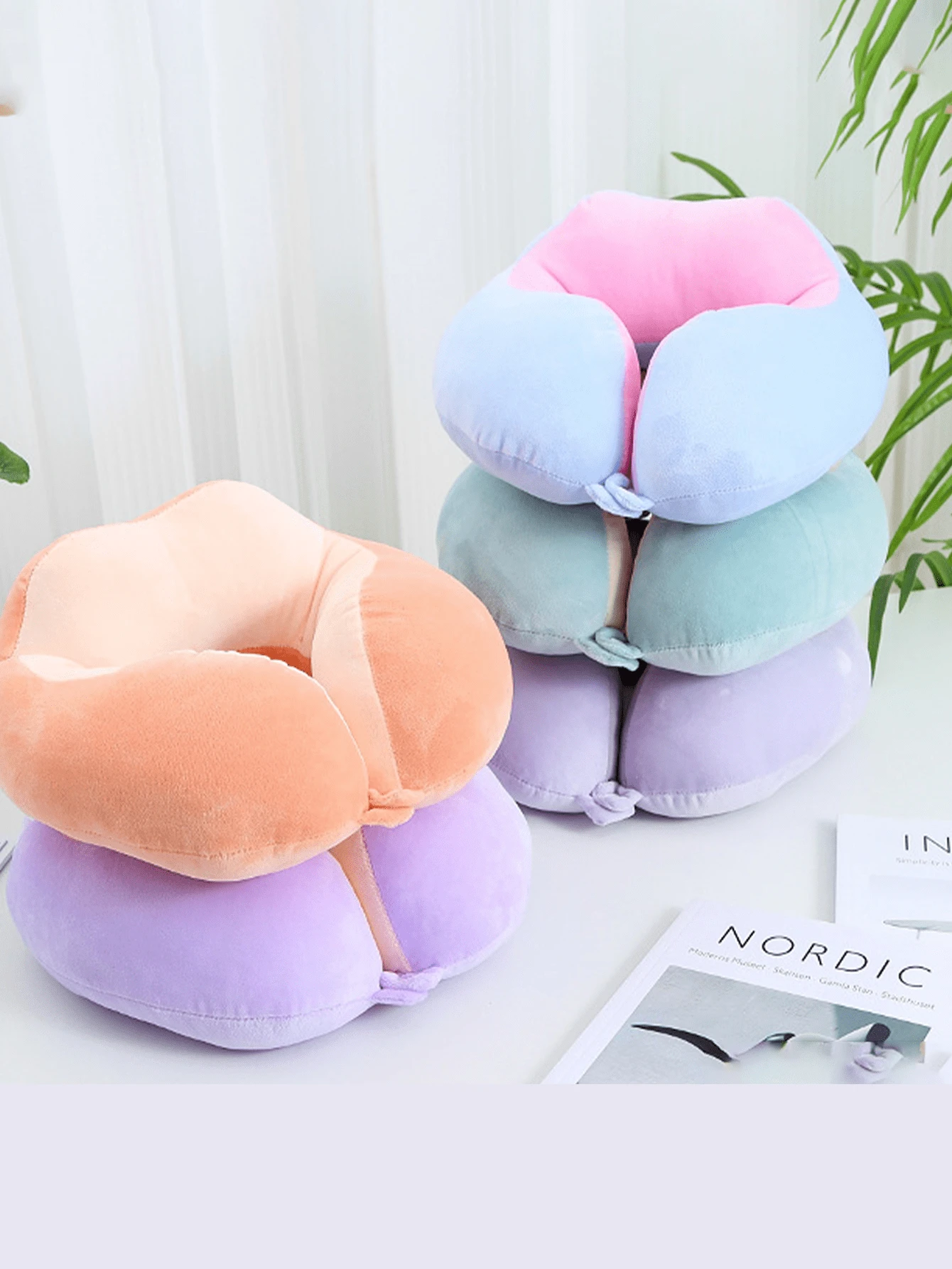 New Solid Color Camel Hump Pattern Cotton Pillow, Portable Neck Pillow Suitable For Outdoor Travel, Office Nap, With Magnetic Storage Function U-Shaped Fabric Pillow - Multicolor - View 1