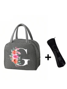 2 件 - 字母印花图案保温袋和餐具收纳袋、保温午餐袋 - 粉色花朵和白色字母图案、手提包、午餐盒、冰袋、野餐食品手提包、帆布轻便便携式午餐收纳袋