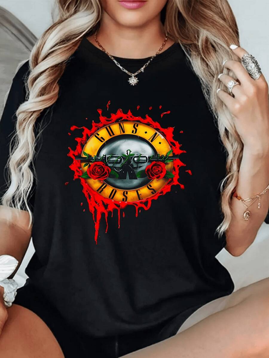 camiseta Guns N' Roses mujer 1 unidad de 220 gramos camiseta rockera con estampado digital de Guns N' Roses Camisa de Mujer Casual con Cuello Redondo y Dise?o Estampado - Negro - Ver 1