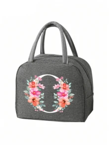 2 件 - 字母印花图案保温袋和餐具收纳袋、保温午餐袋 - 粉色花朵和白色字母图案、手提包、午餐盒、冰袋、野餐食品手提包、帆布轻便便携式午餐收纳袋
