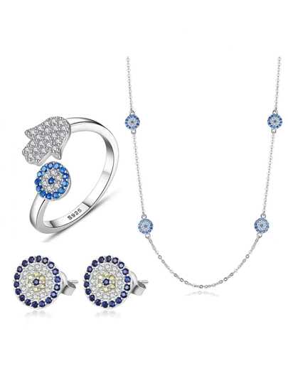 Kaletine Women Luck Eye Ring Necklaces 925 Sterling Silver Necklace Earrings Blue Zirconia Long Link Jewelry Set